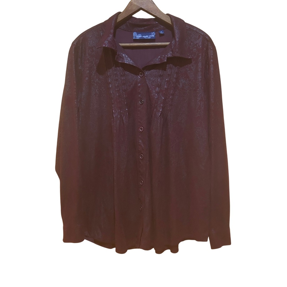 Susan Graver Shirt Womens XL Burgundy & Silver Jacquard‎ Whimsigoth Gothic